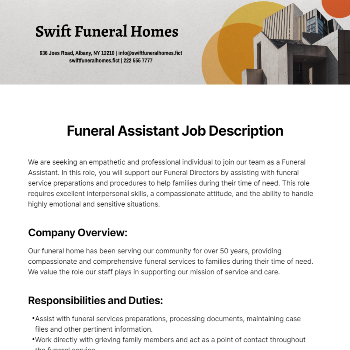 Funeral Assistant Job Description Template