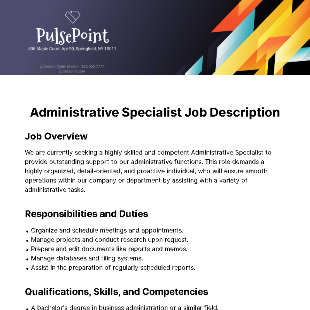 Administrative Specialist Job Description Template