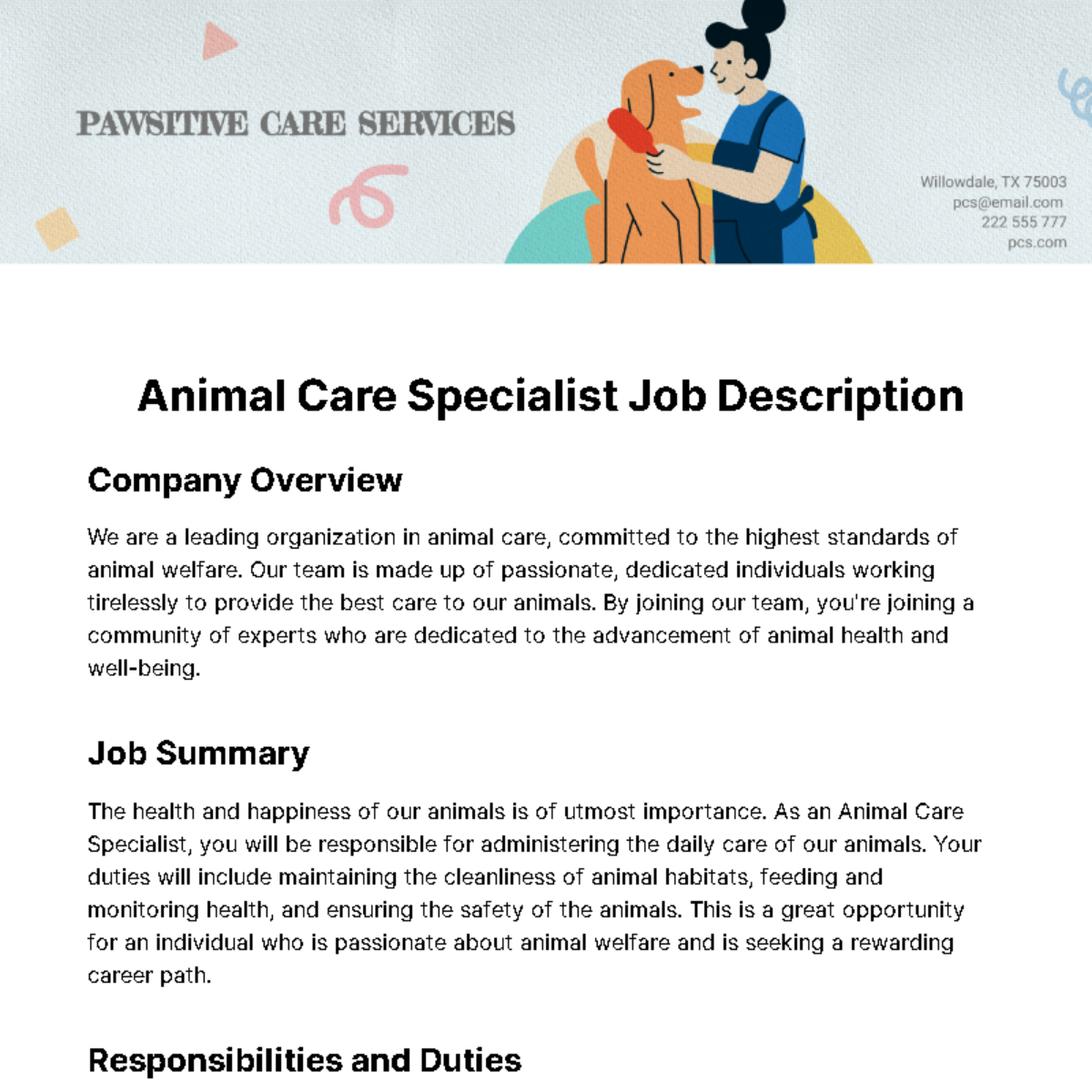 Animal Care Specialist Job Description Template