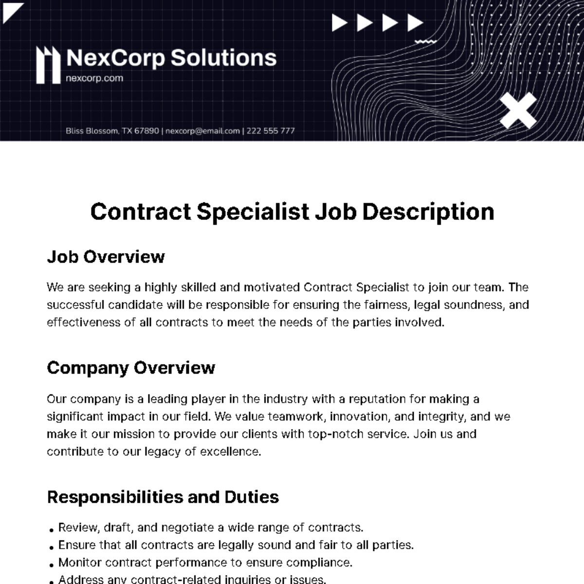 Contract Specialist Job Description Template