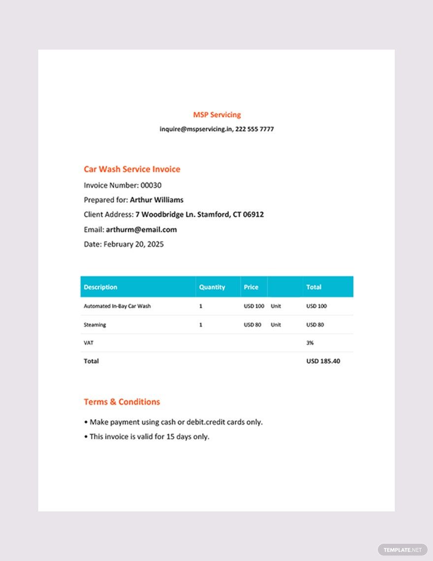 Car Wash Service Invoice Template in Google Docs, Google Sheets, Illustrator, PSD, Word, Pages - Download | Template.net