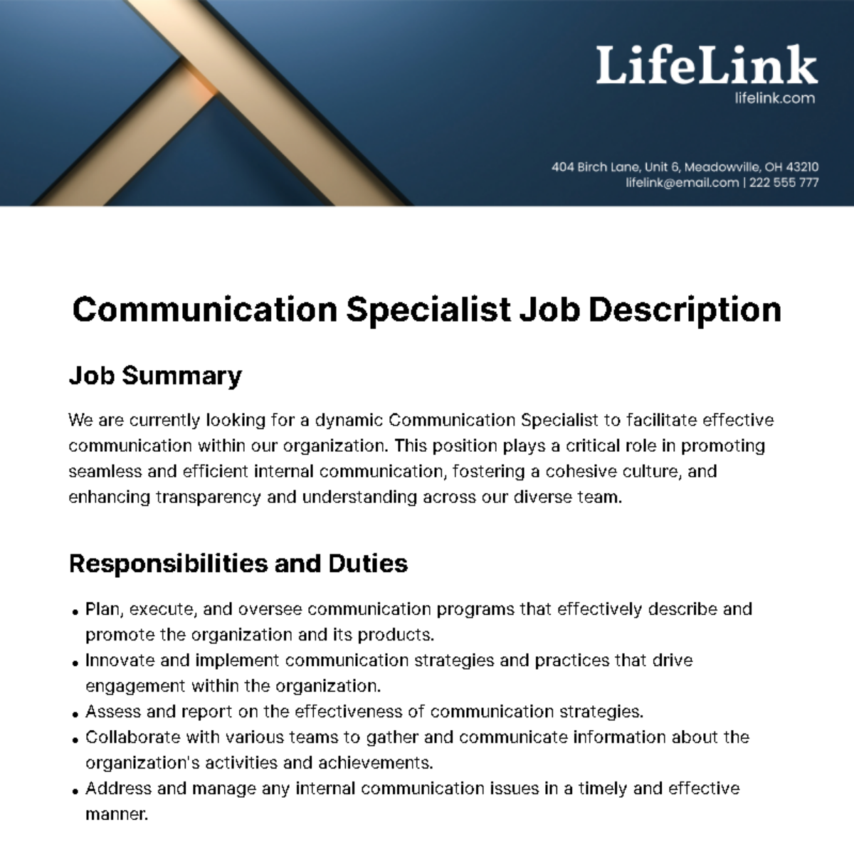 Communication Specialist Job Description Template