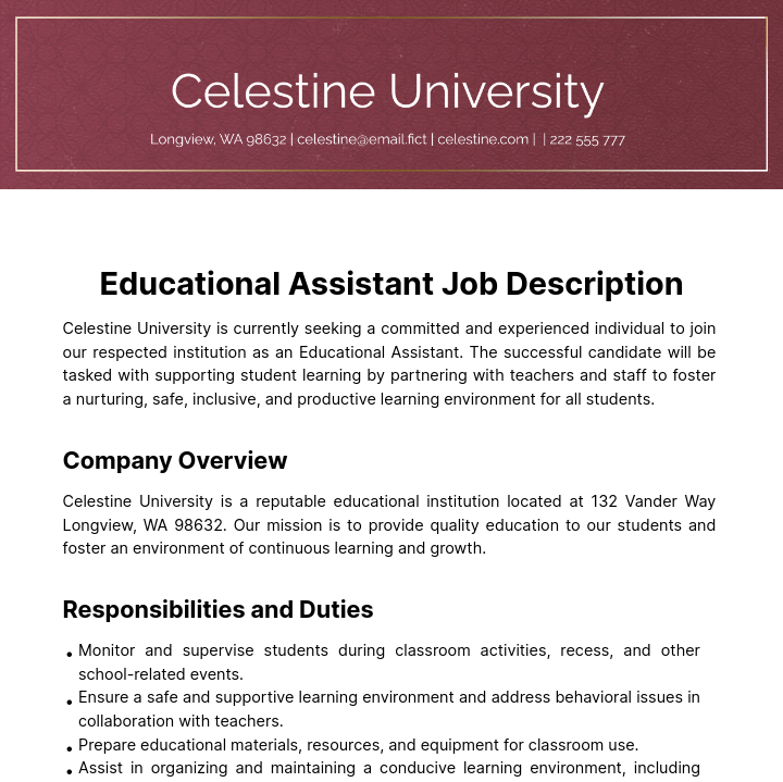 Educational Assistant Job Description Template