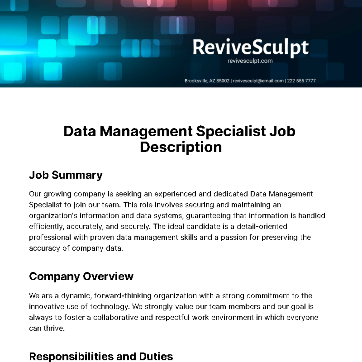 Data Management Specialist Job Description Template