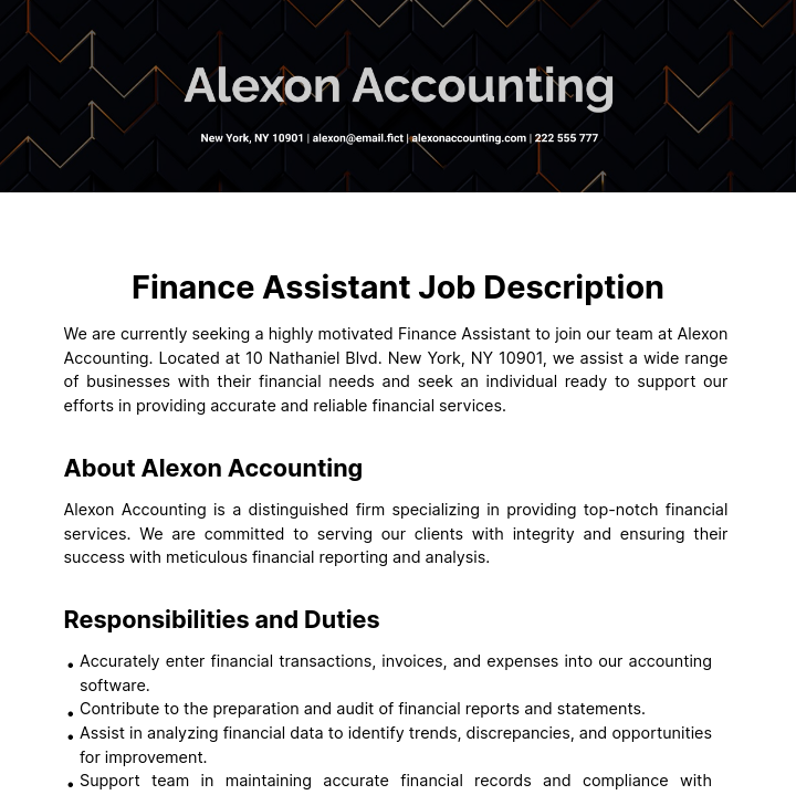 Finance Assistant Job Description Template
