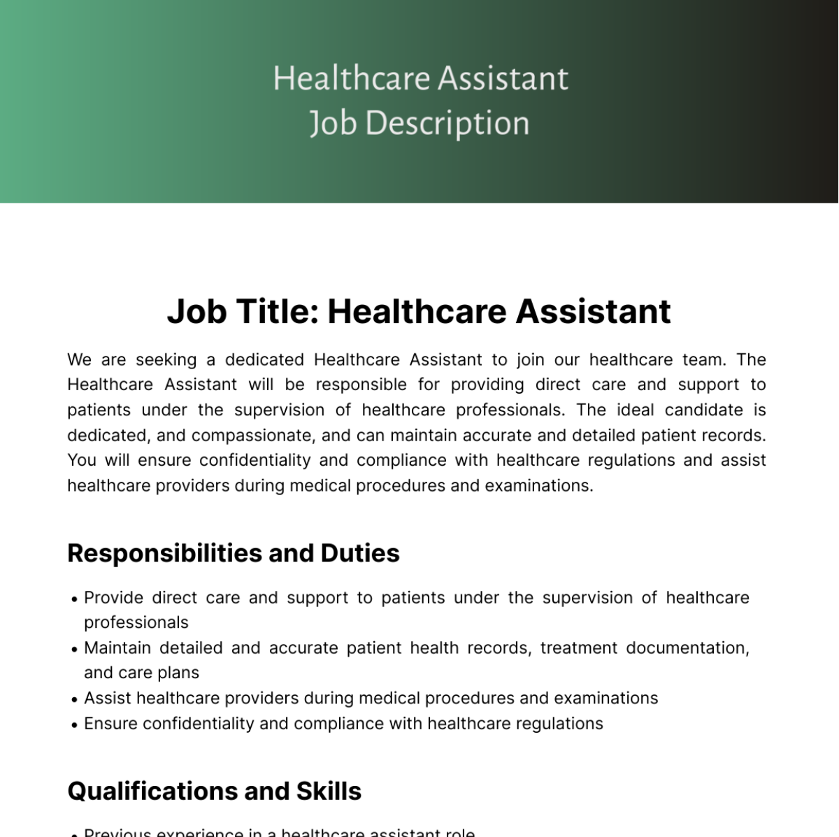 Healthcare Assistant Job Description