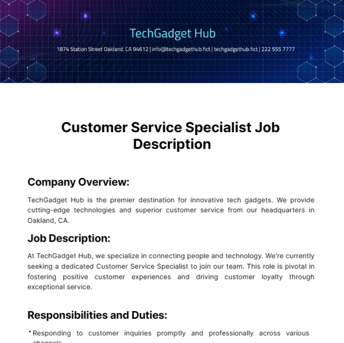 Customer Service Specialist Job Description Template