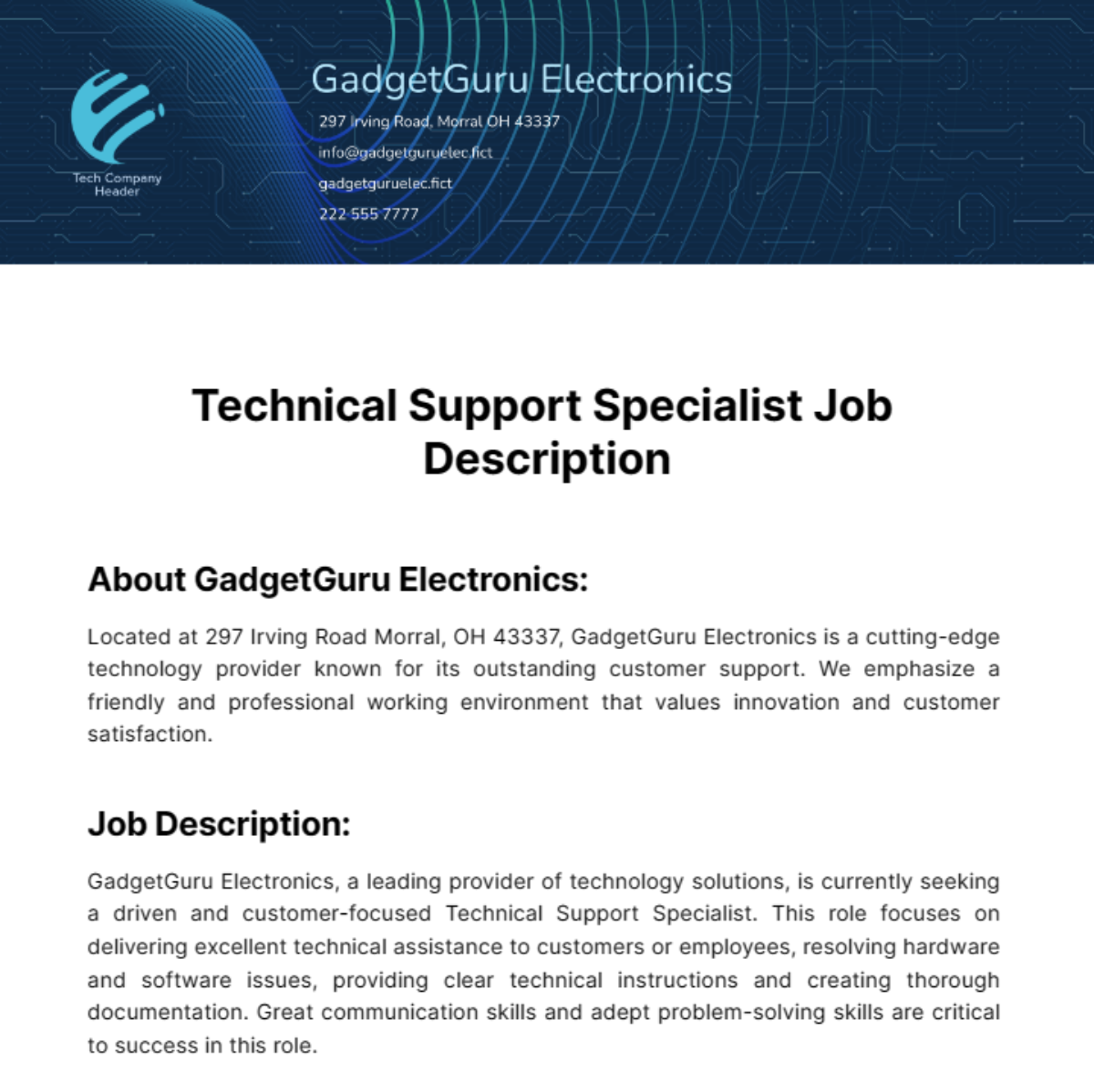 Technical Support Specialist Job Description Template