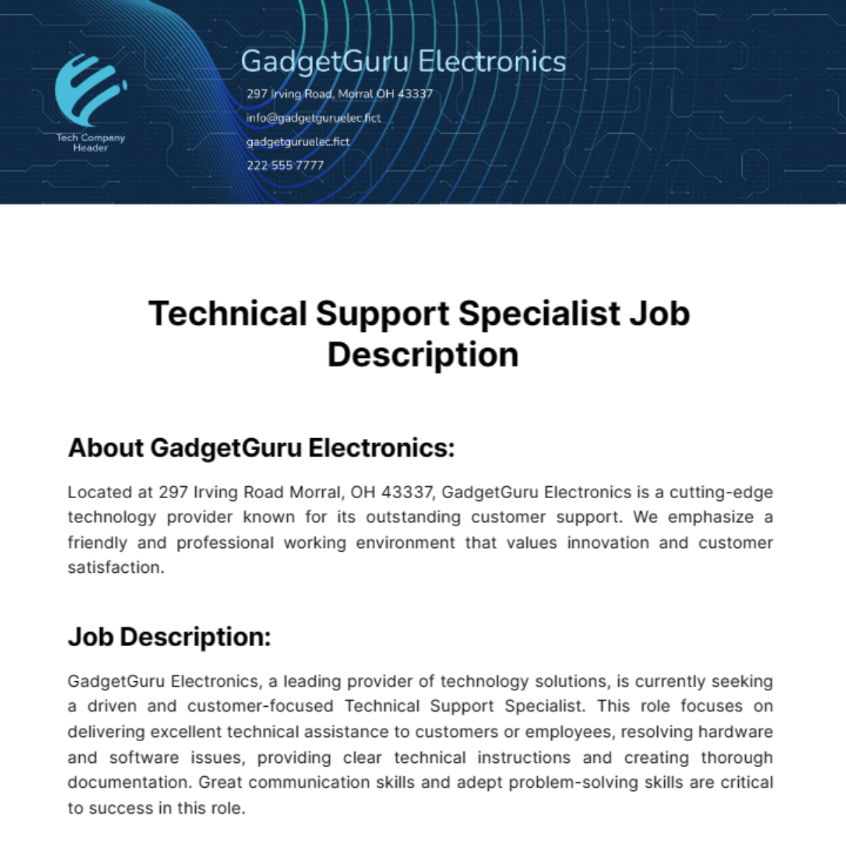 Technical Support Specialist Job Description Template Edit Online 