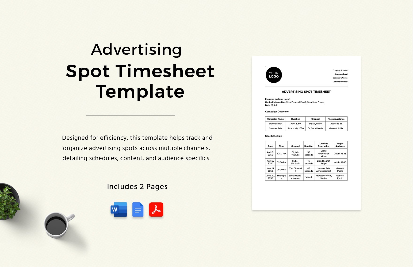 Advertising Spot Timesheet Template in Word, Google Docs, PDF