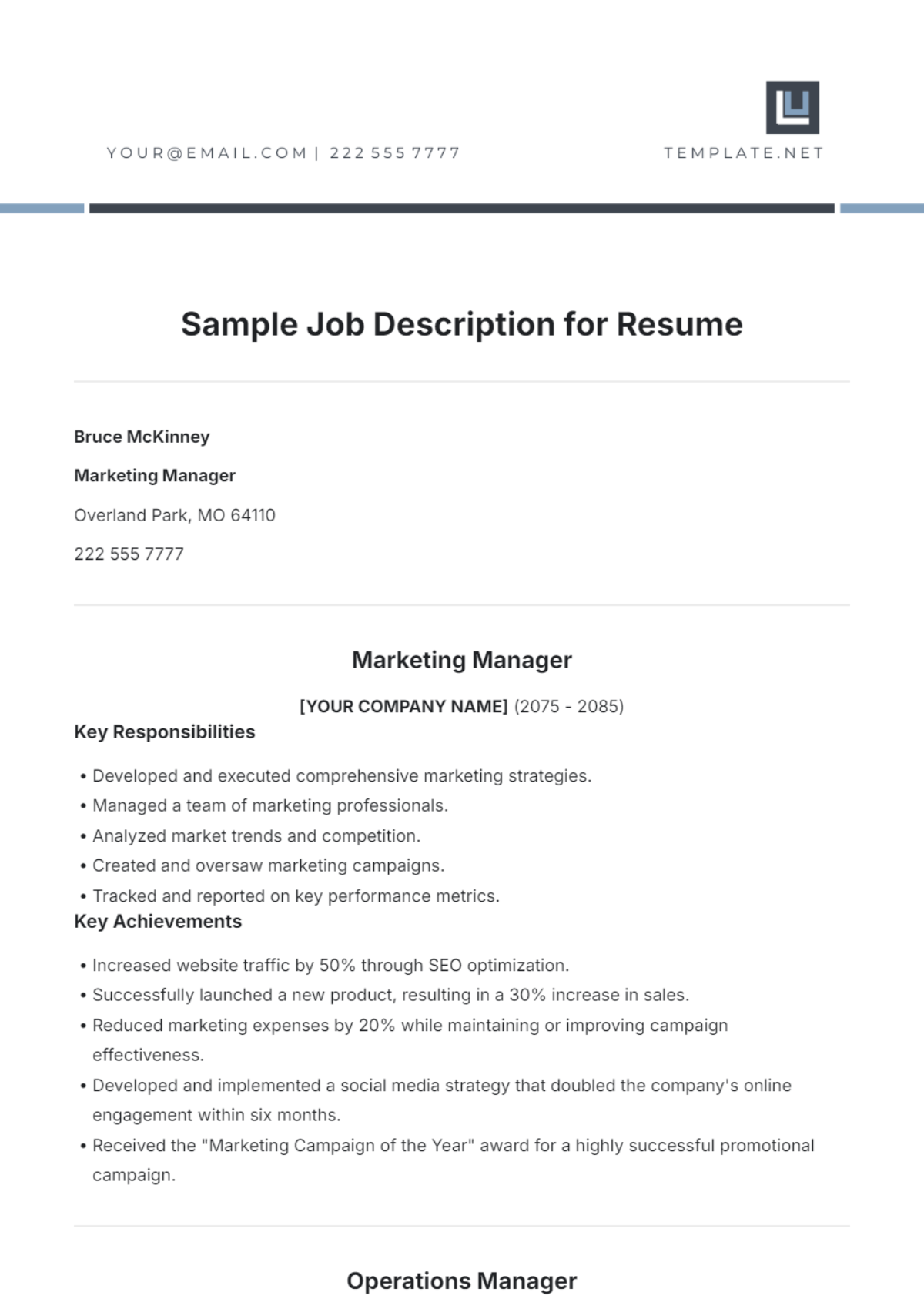 Free Sample Job Description for Resume Template