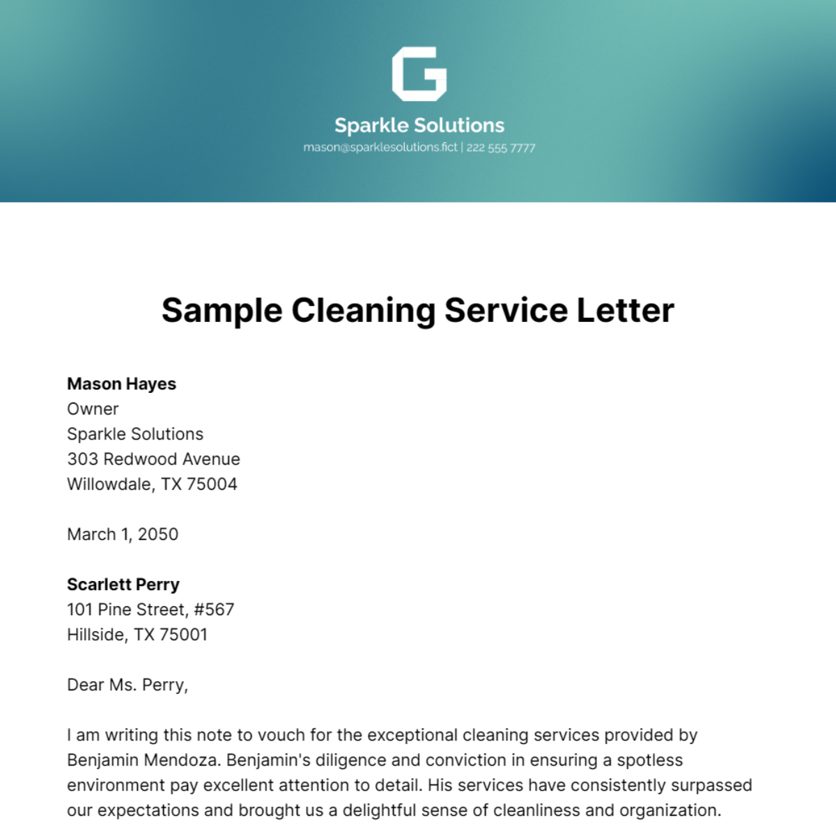 Sample Cleaning Service Letter Template