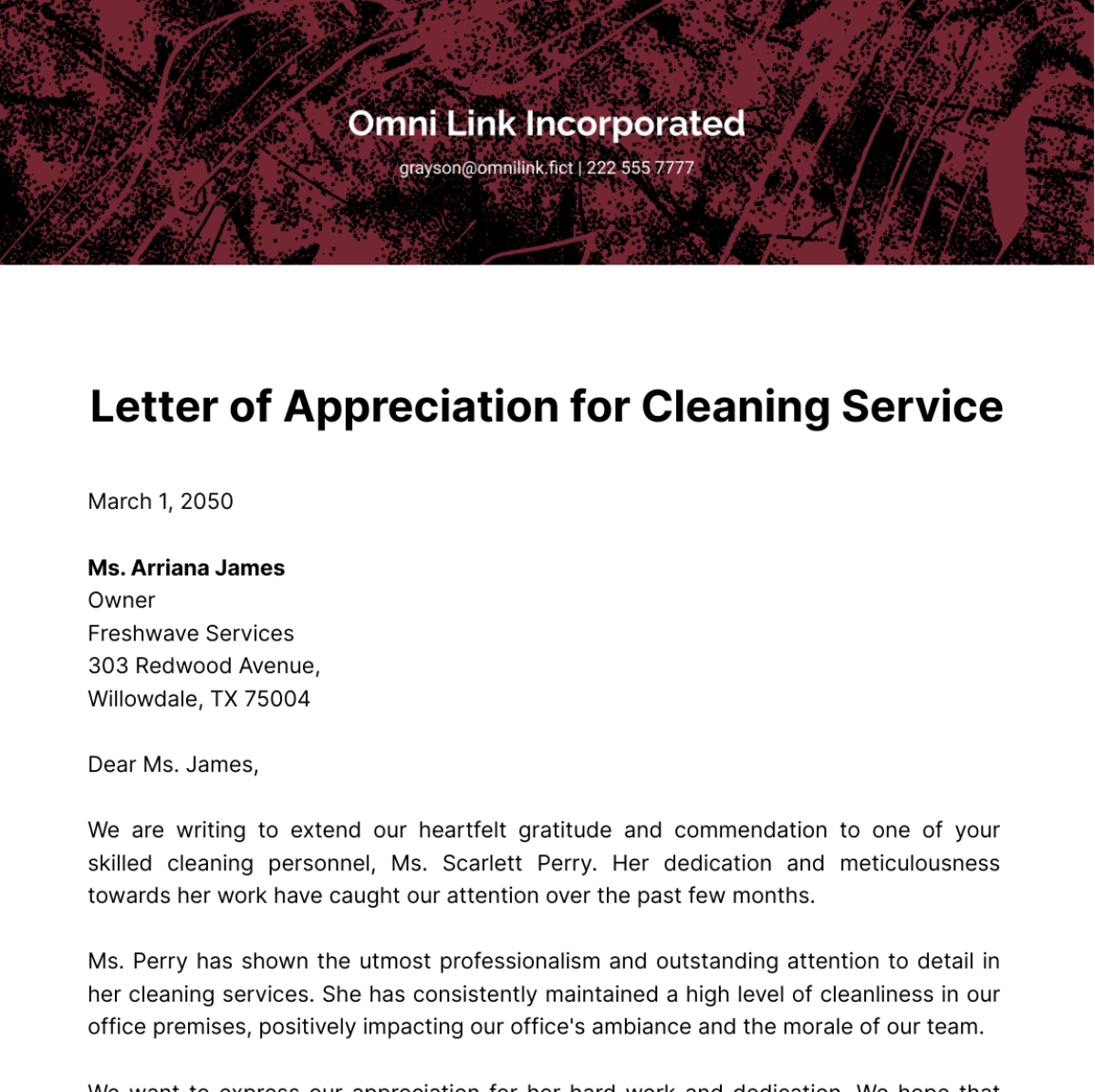 Letter of Appreciation for Cleaning Service Template