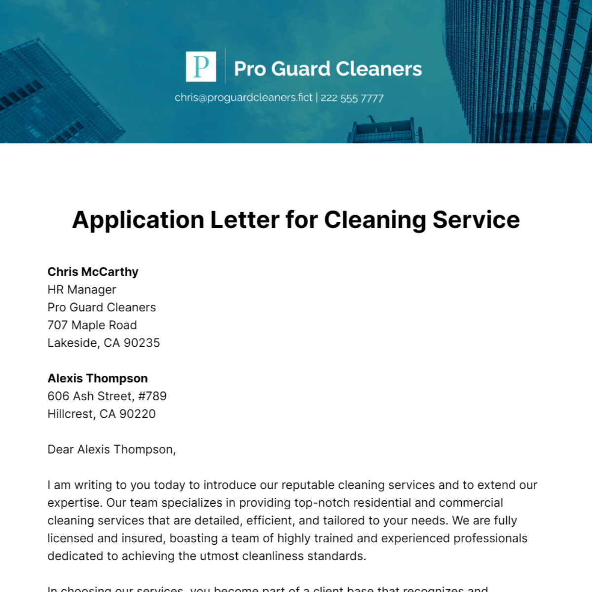 Application Letter for Cleaning Service Template