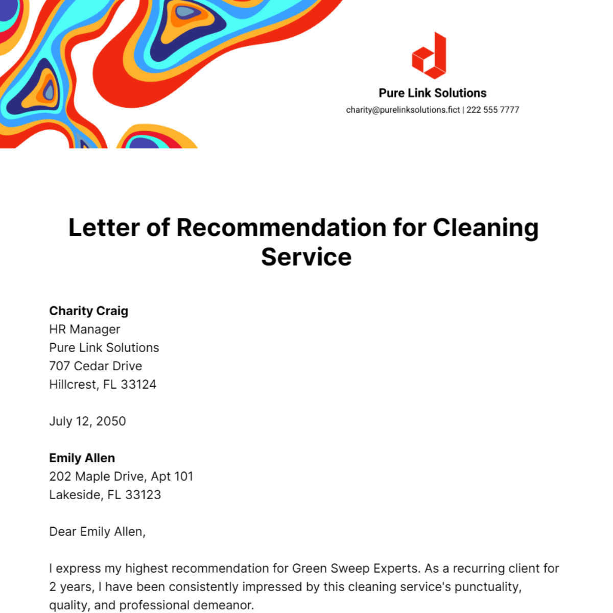 Letter of Recommendation for Cleaning Service Template