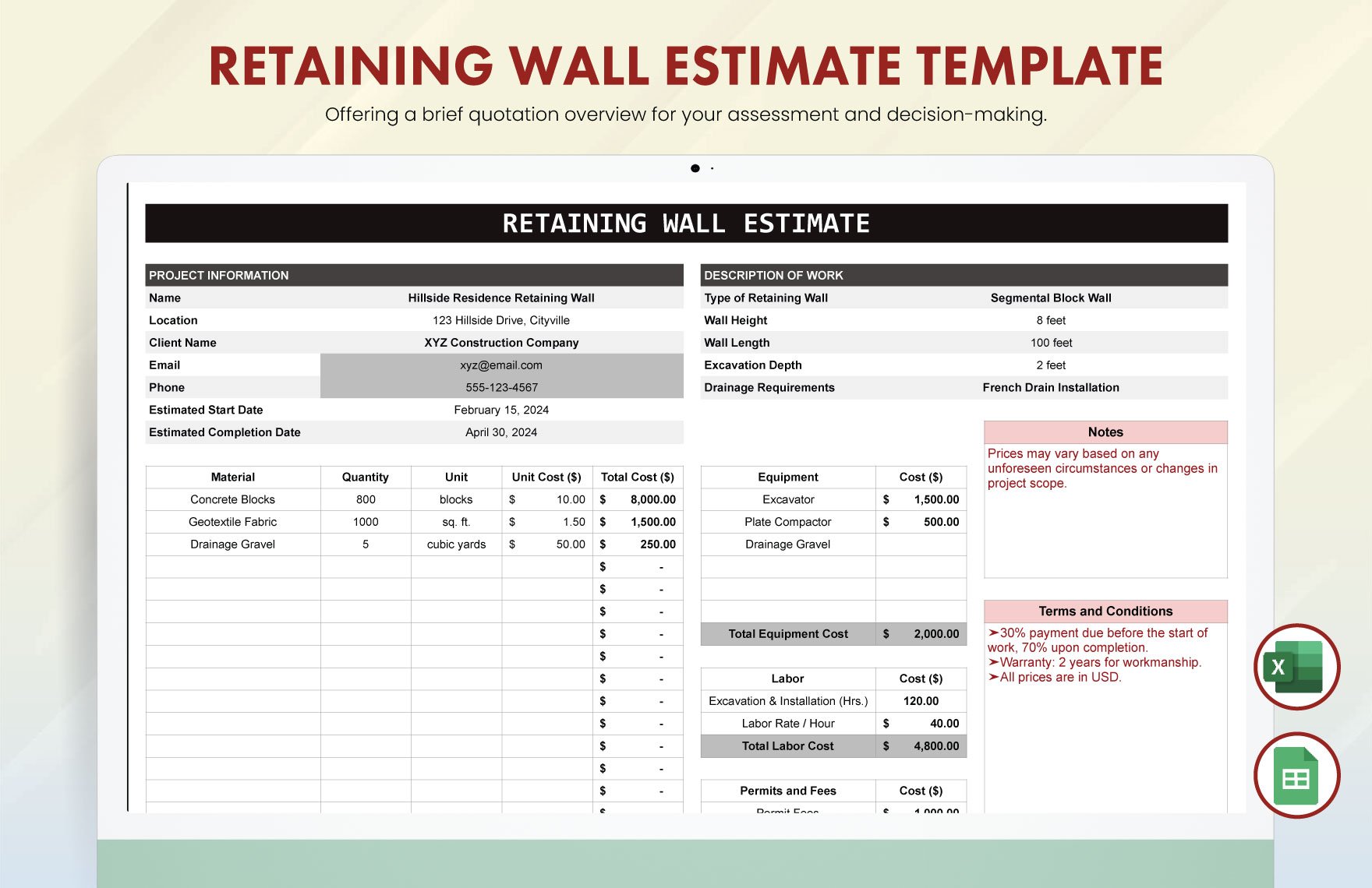 Retaining Wall Estimate Template