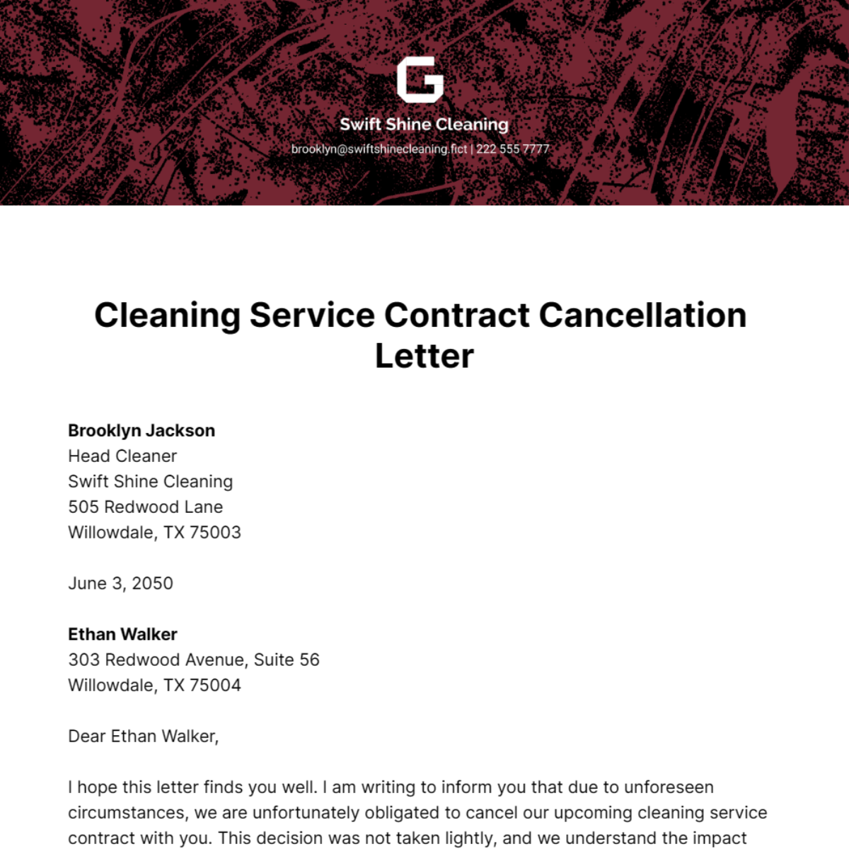 Cleaning Service Contract Cancellation Letter Template
