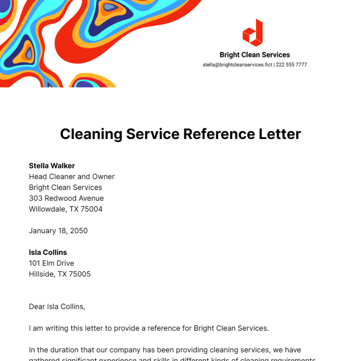Cleaning Service Reference Letter Template
