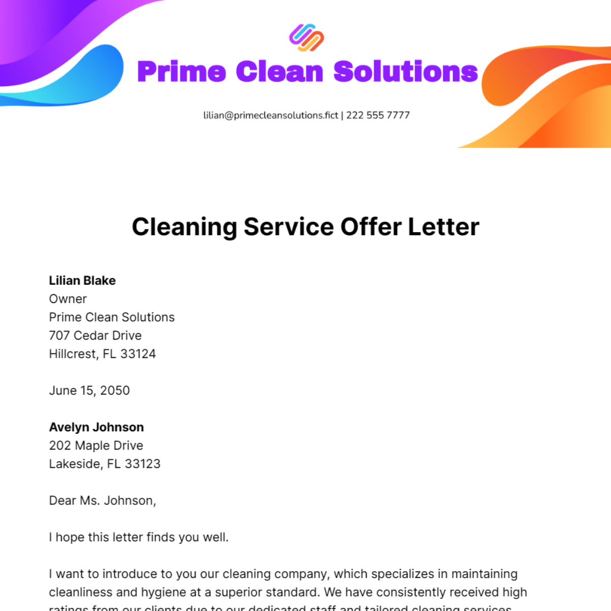 Cleaning Service Offer Letter Template