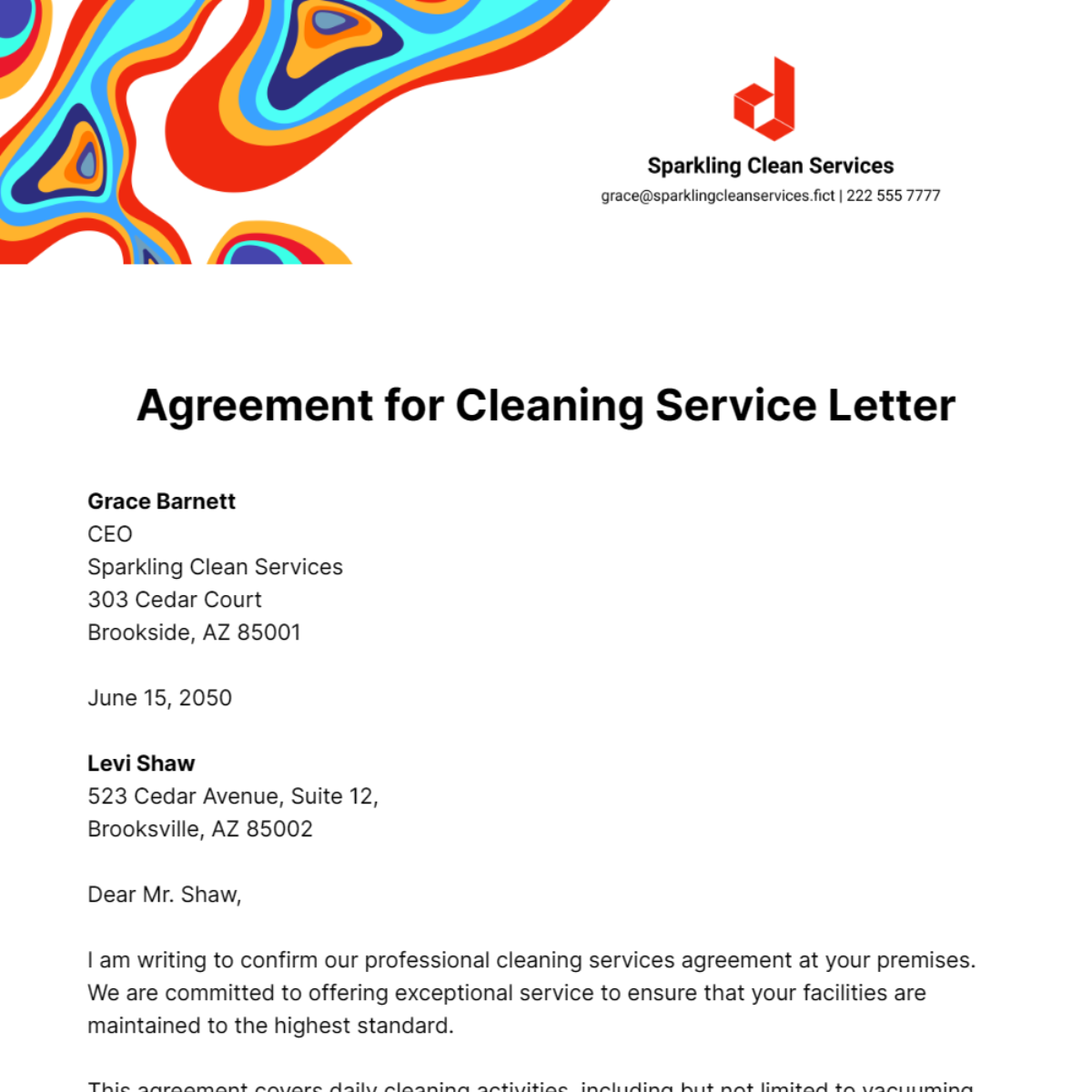 Agreement for Cleaning Service Letter Template