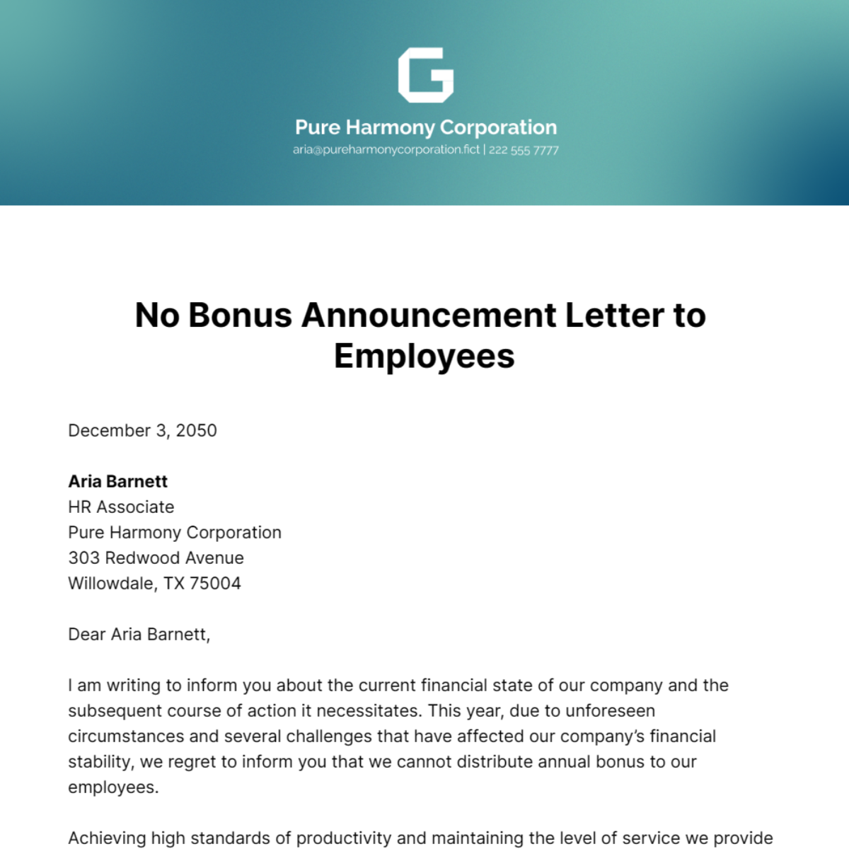 No Bonus Announcement Letter to Employees Template
