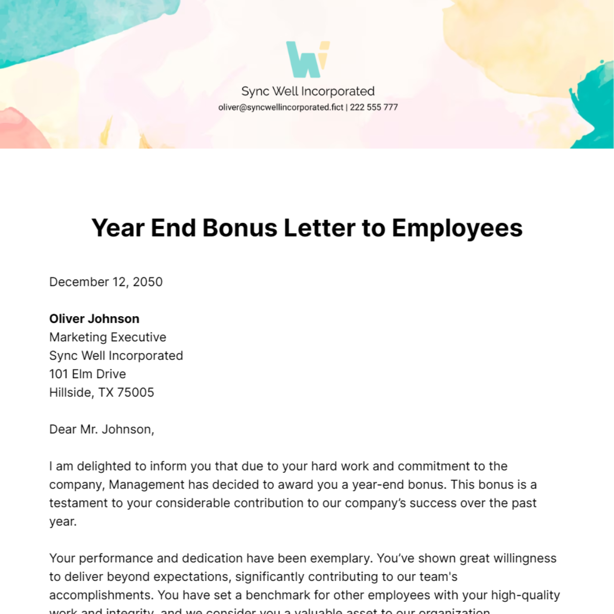 Year End Bonus Letter to Employees Template