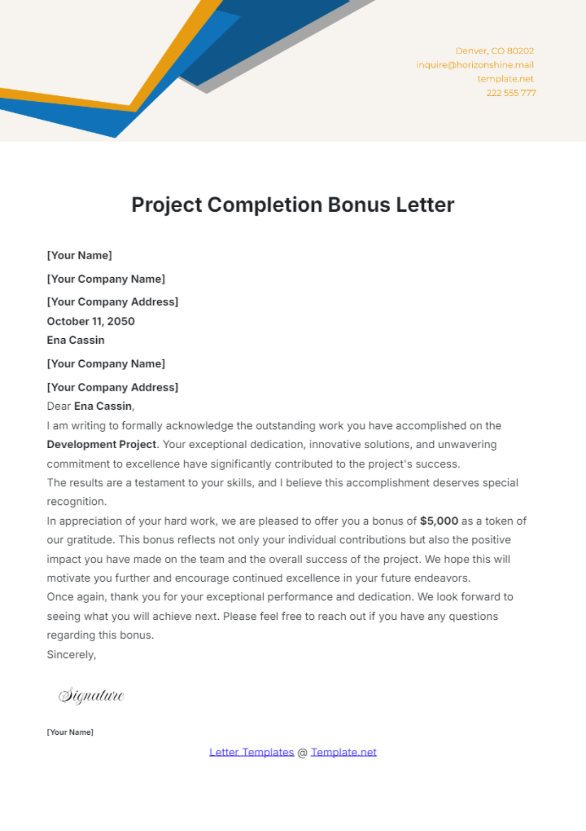 Project Completion Bonus Letter Template - Edit Online & Download