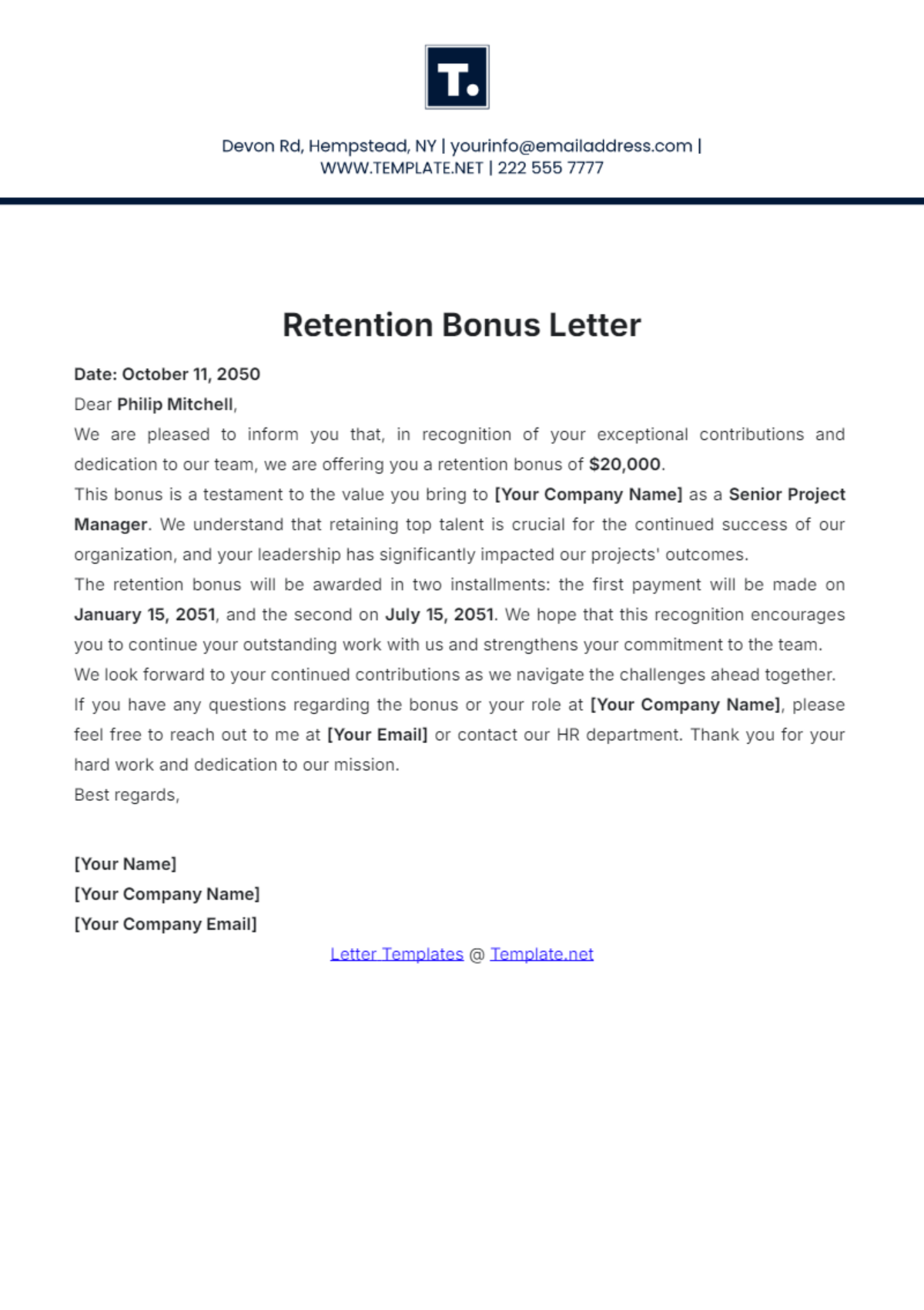 Retention Bonus Letter Template - Edit Online & Download