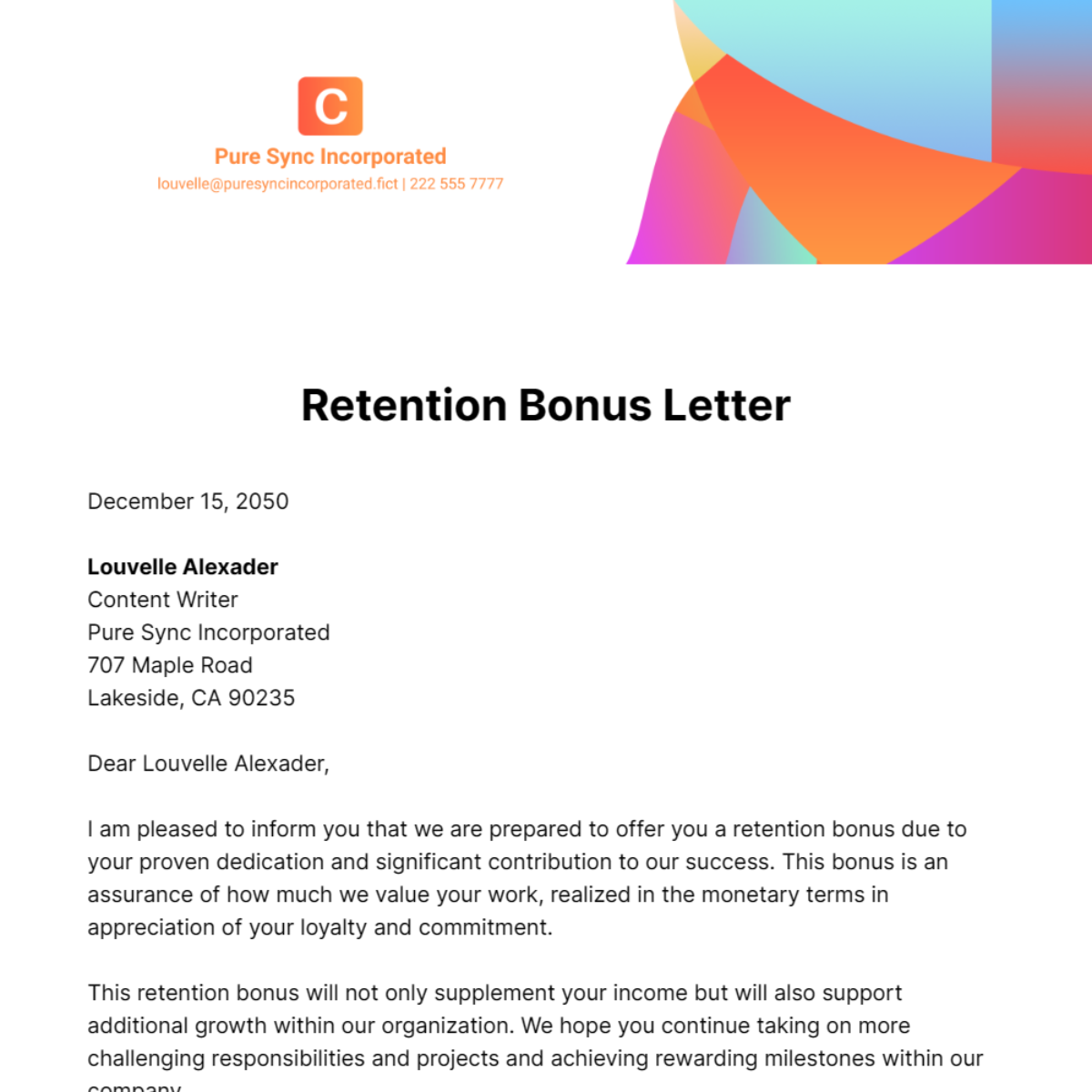 Retention Bonus Letter Template
