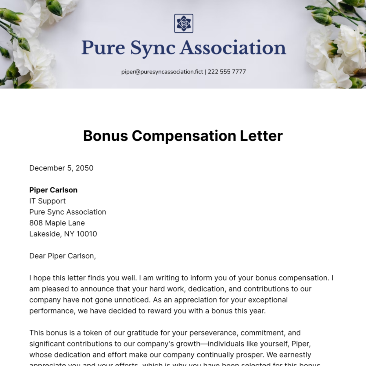 Bonus Compensation Letter Template