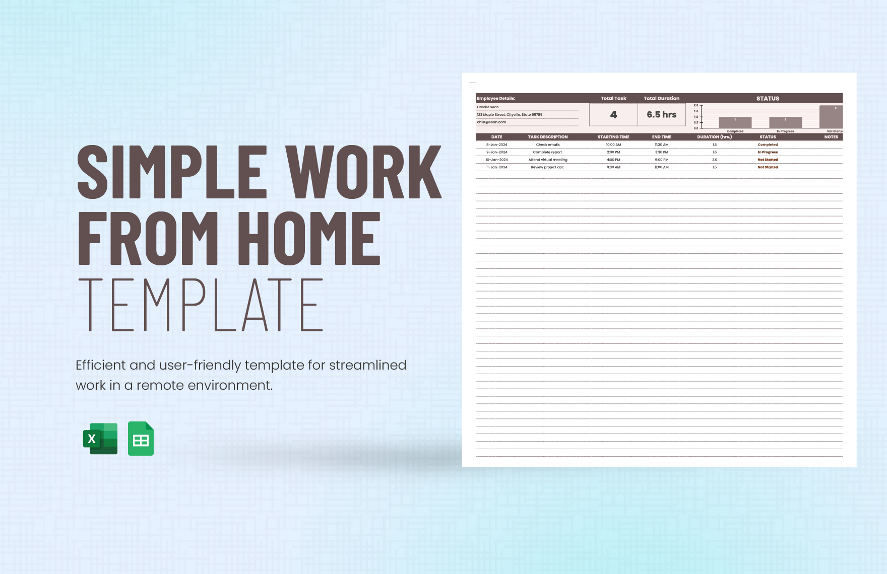Free Simple Work from Home Template in Excel, Google Sheets