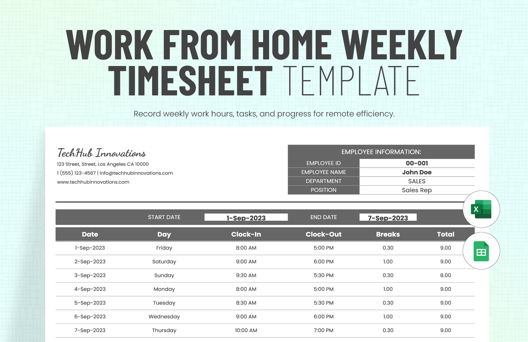 Work from Home Weekly Timesheet Template