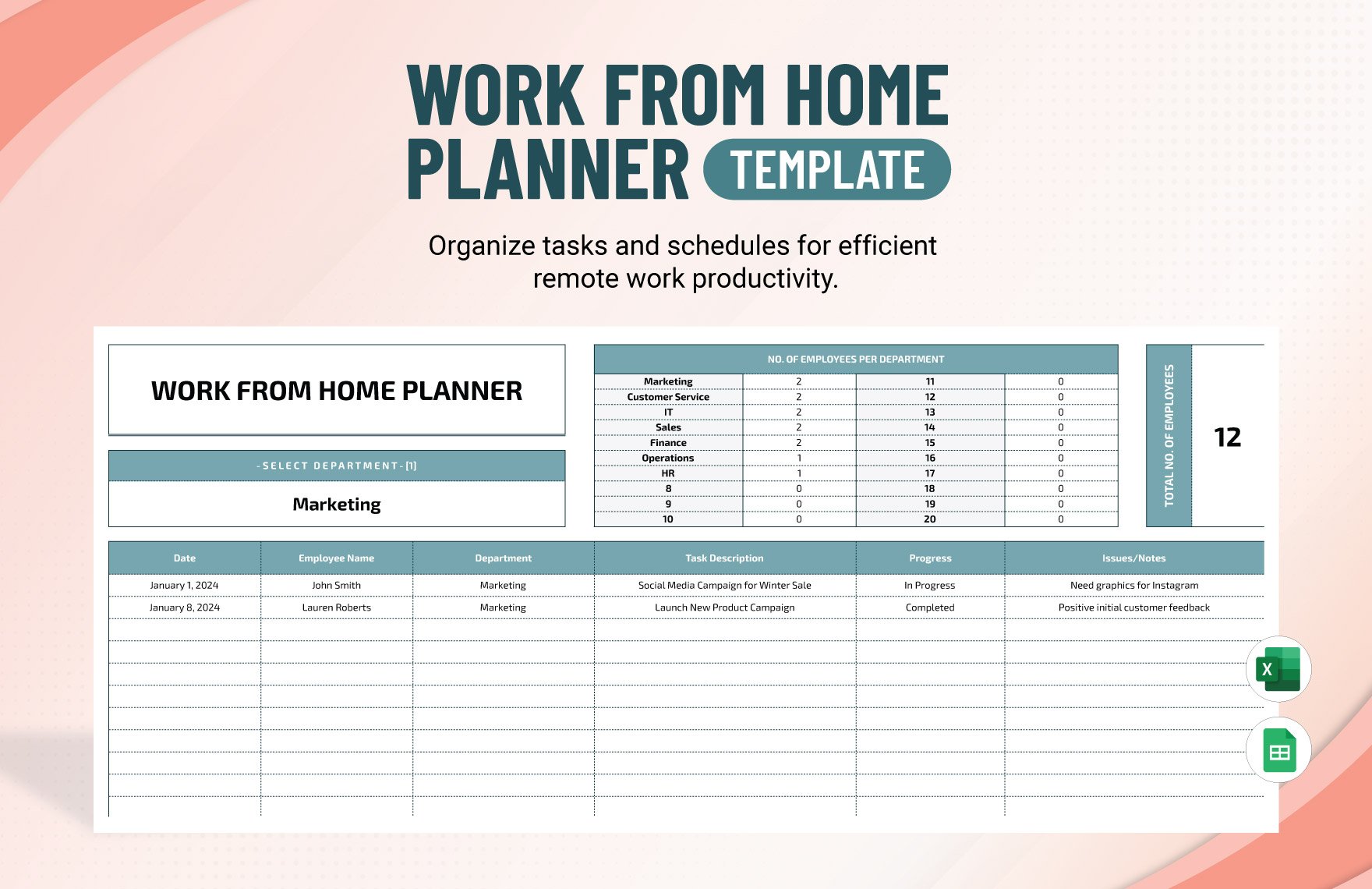 Work from Home Planner Template in Excel, Google Sheets