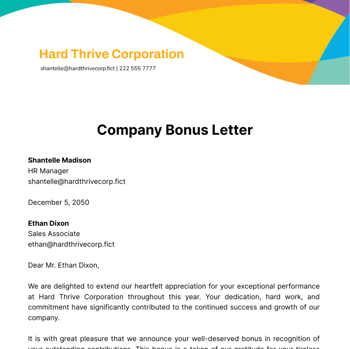 Company Bonus Letter Template