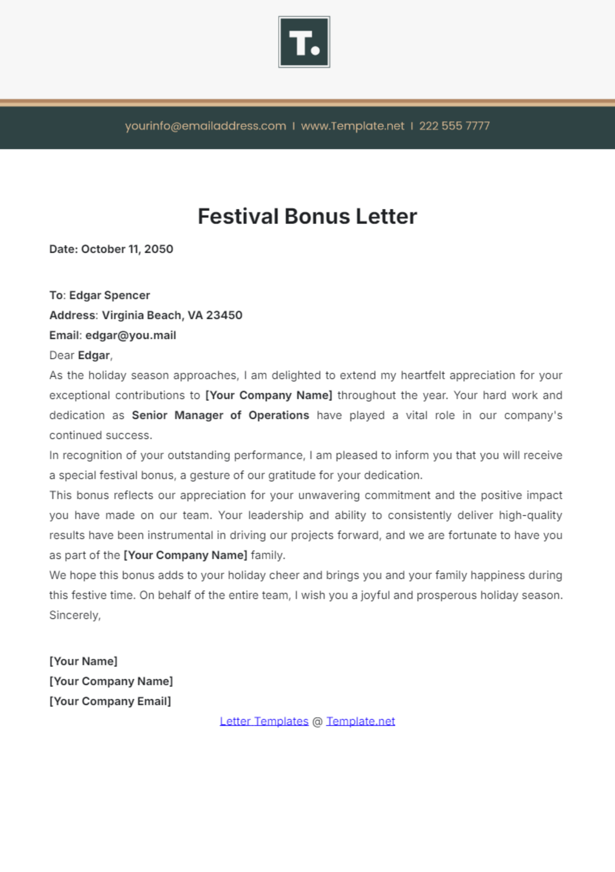 Festival Bonus Letter Template - Edit Online & Download