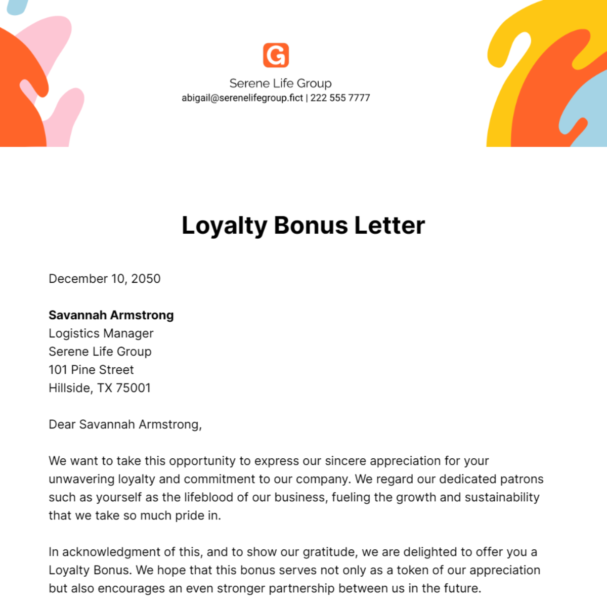 Loyalty Bonus Letter Template