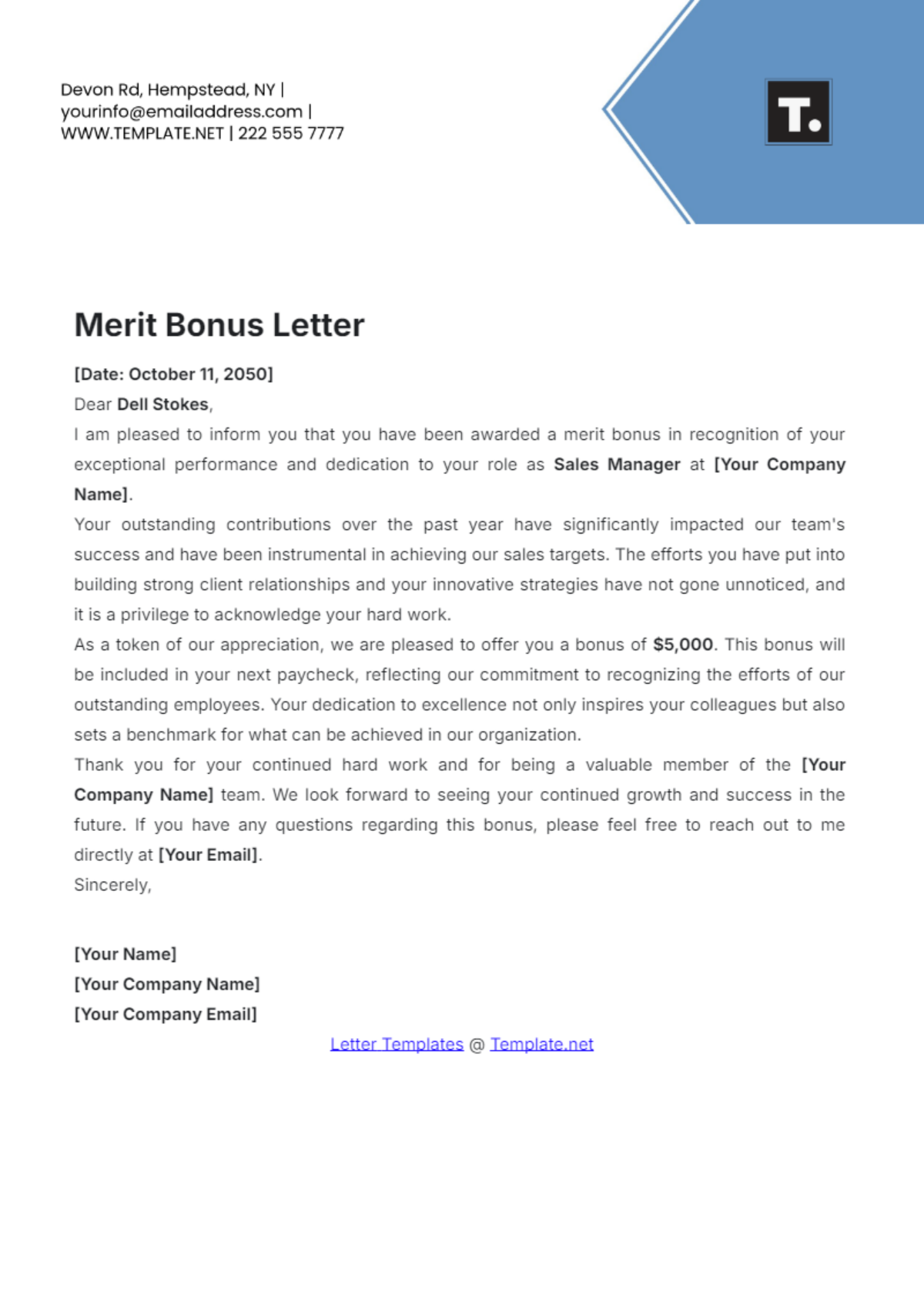 Merit Bonus Letter Template - Edit Online & Download