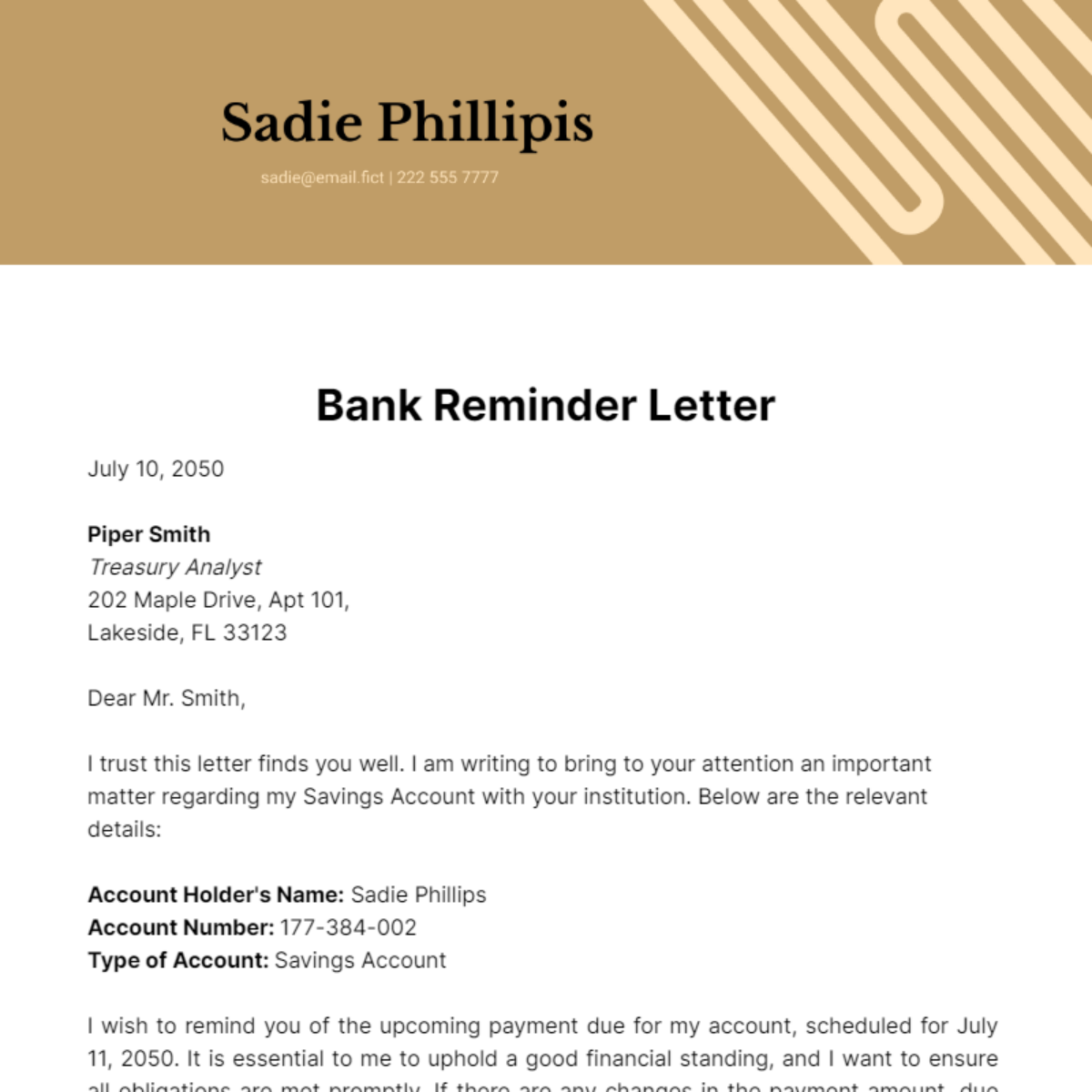 Bank Reminder Letter Template