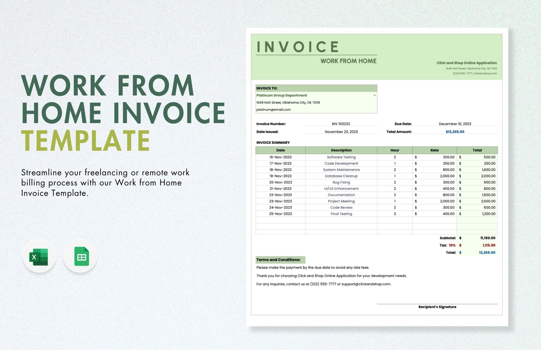 Work from Home Invoice Template in Excel, Google Sheets