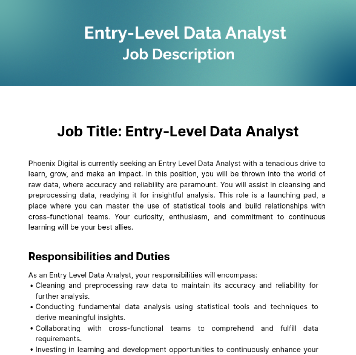Entry Level Data Analyst Job Description Template
