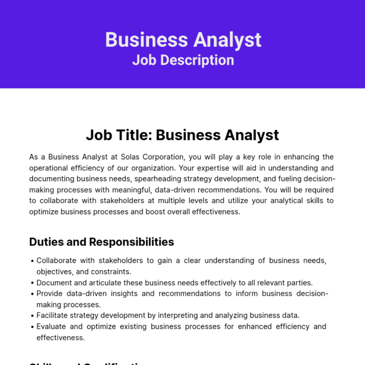 Business Analyst Job Description Template