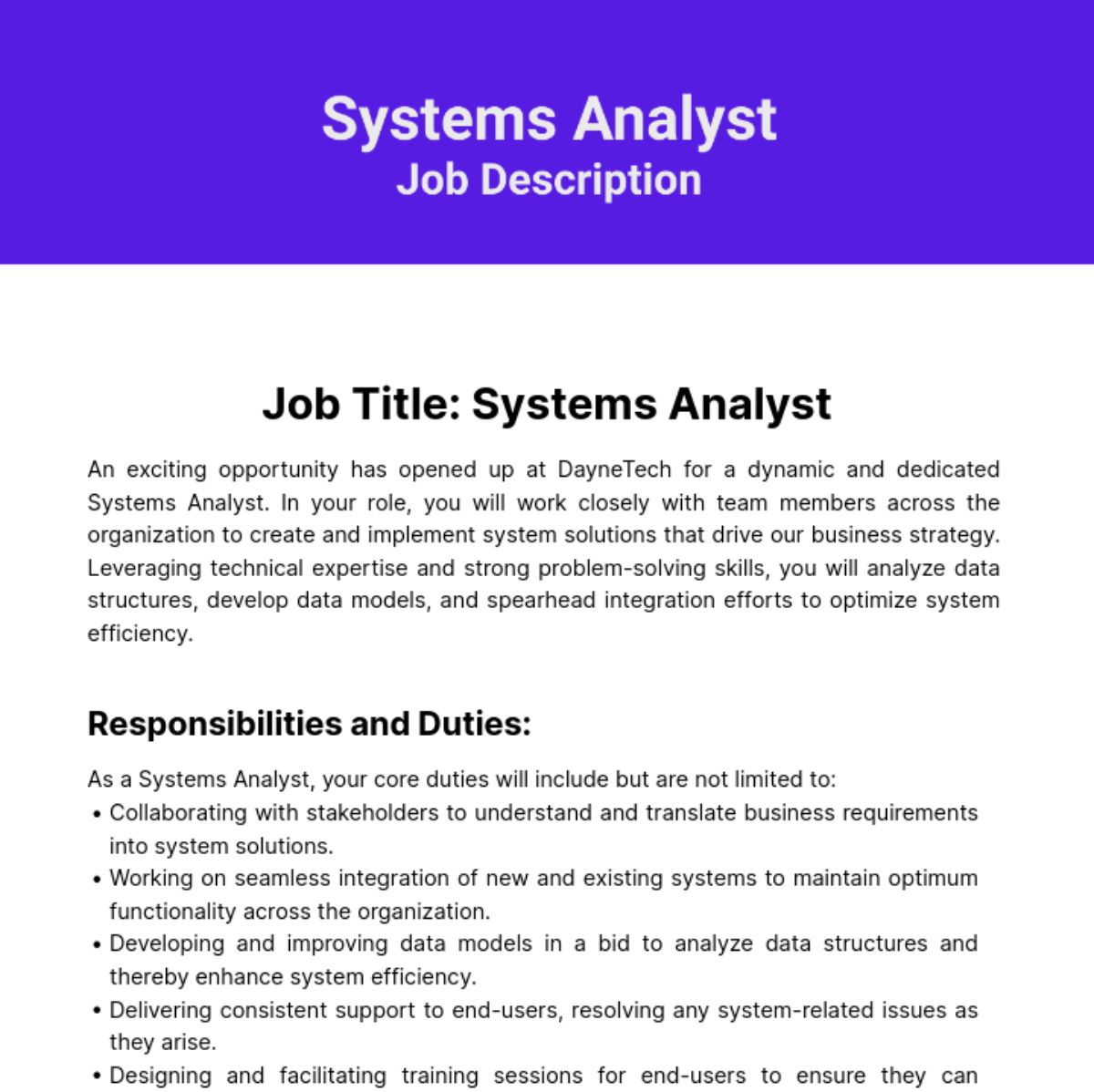Systems Analyst Job Description Template
