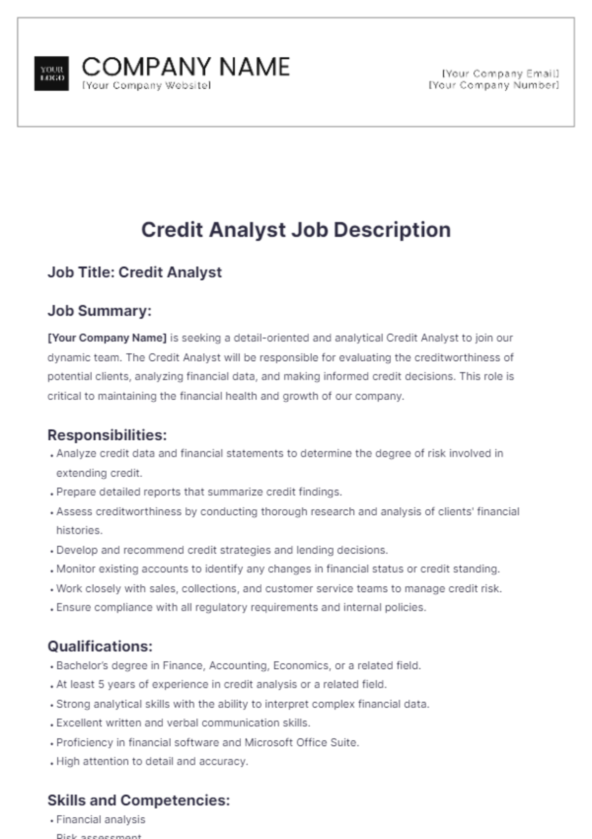 Credit Analyst Job Description Template - Edit Online & Download