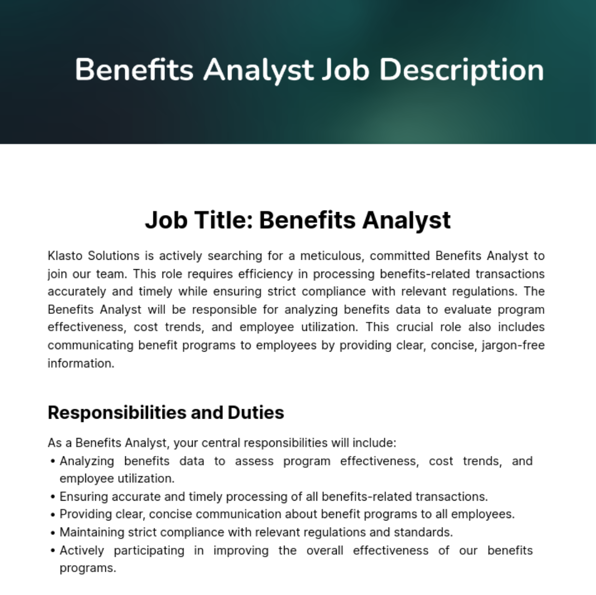 Benefits Analyst Job Description Template