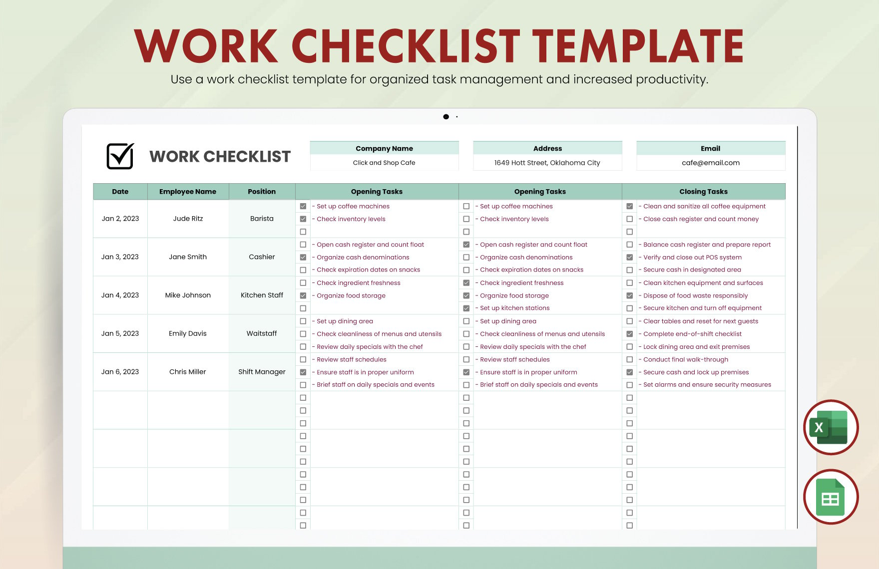 Free Work Checklist Template in Excel, Google Sheets