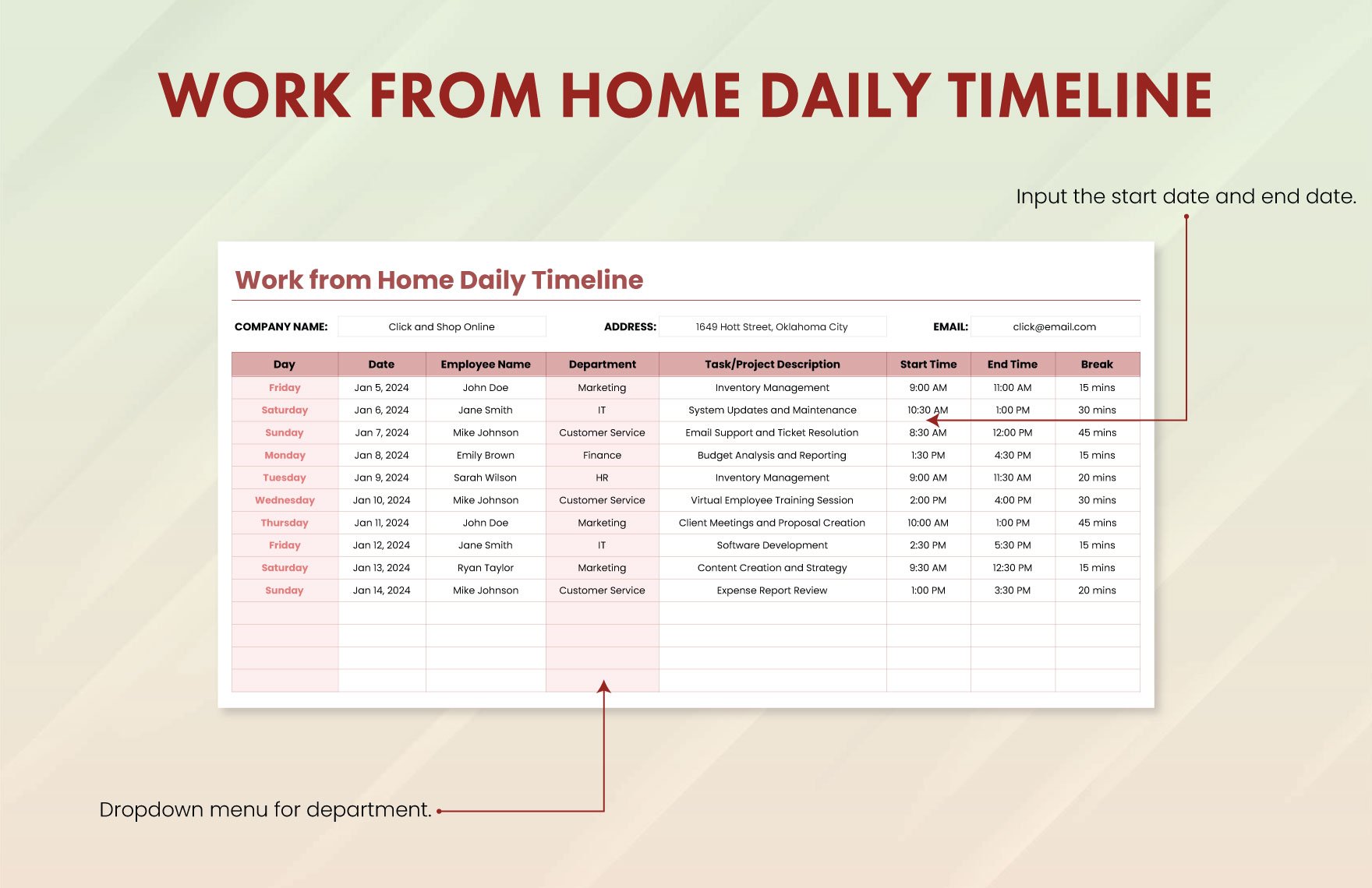 Work from Home Daily Timeline Template