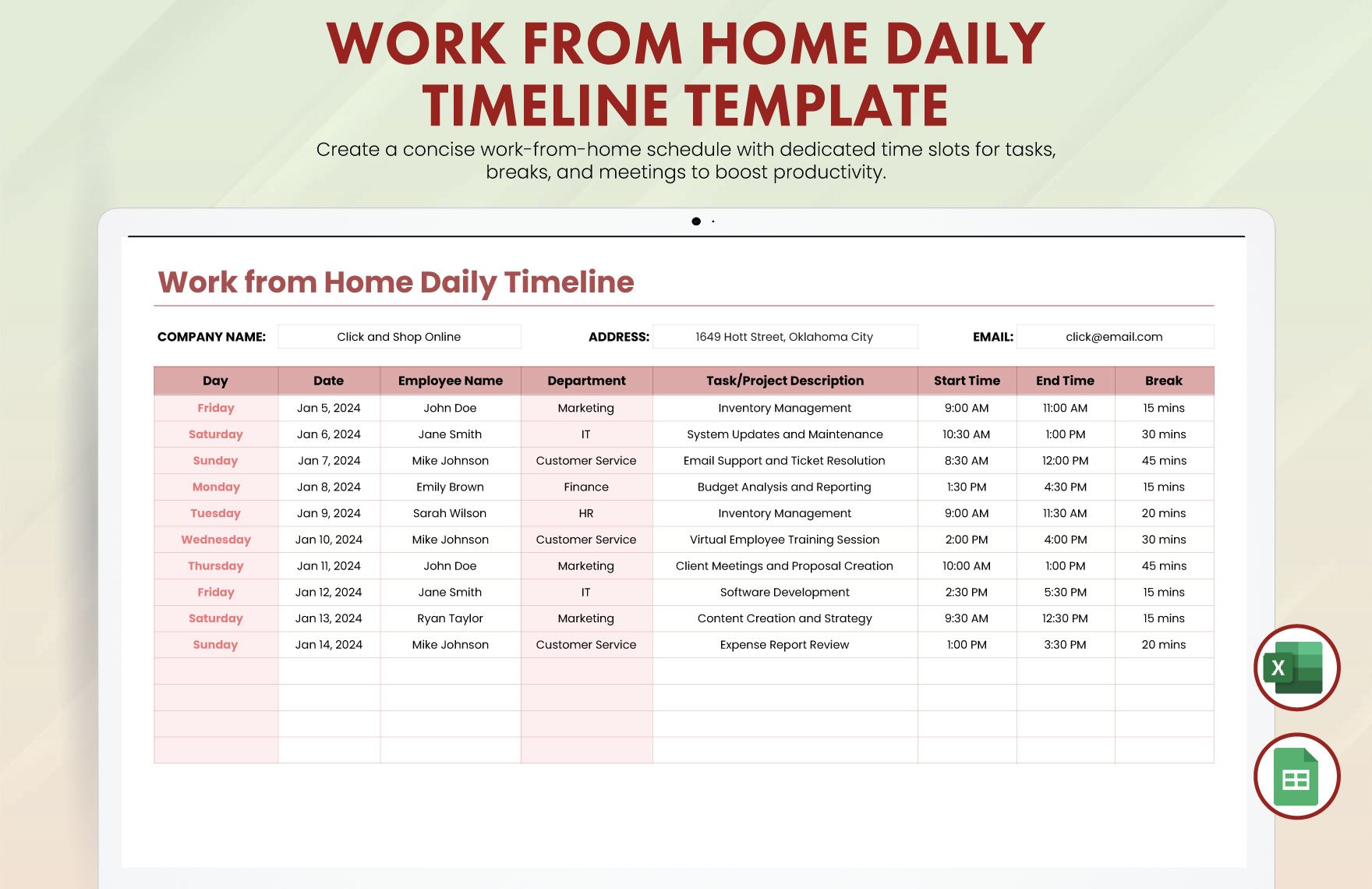 Work from Home Daily Timeline Template