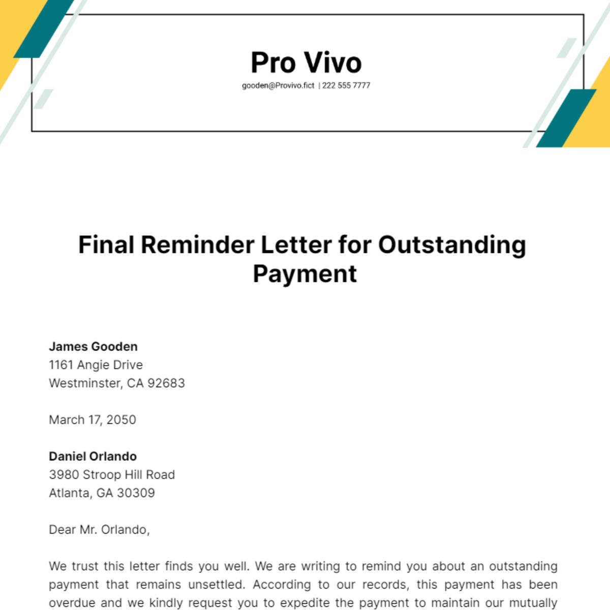Final Reminder Letter for Outstanding Payment Template