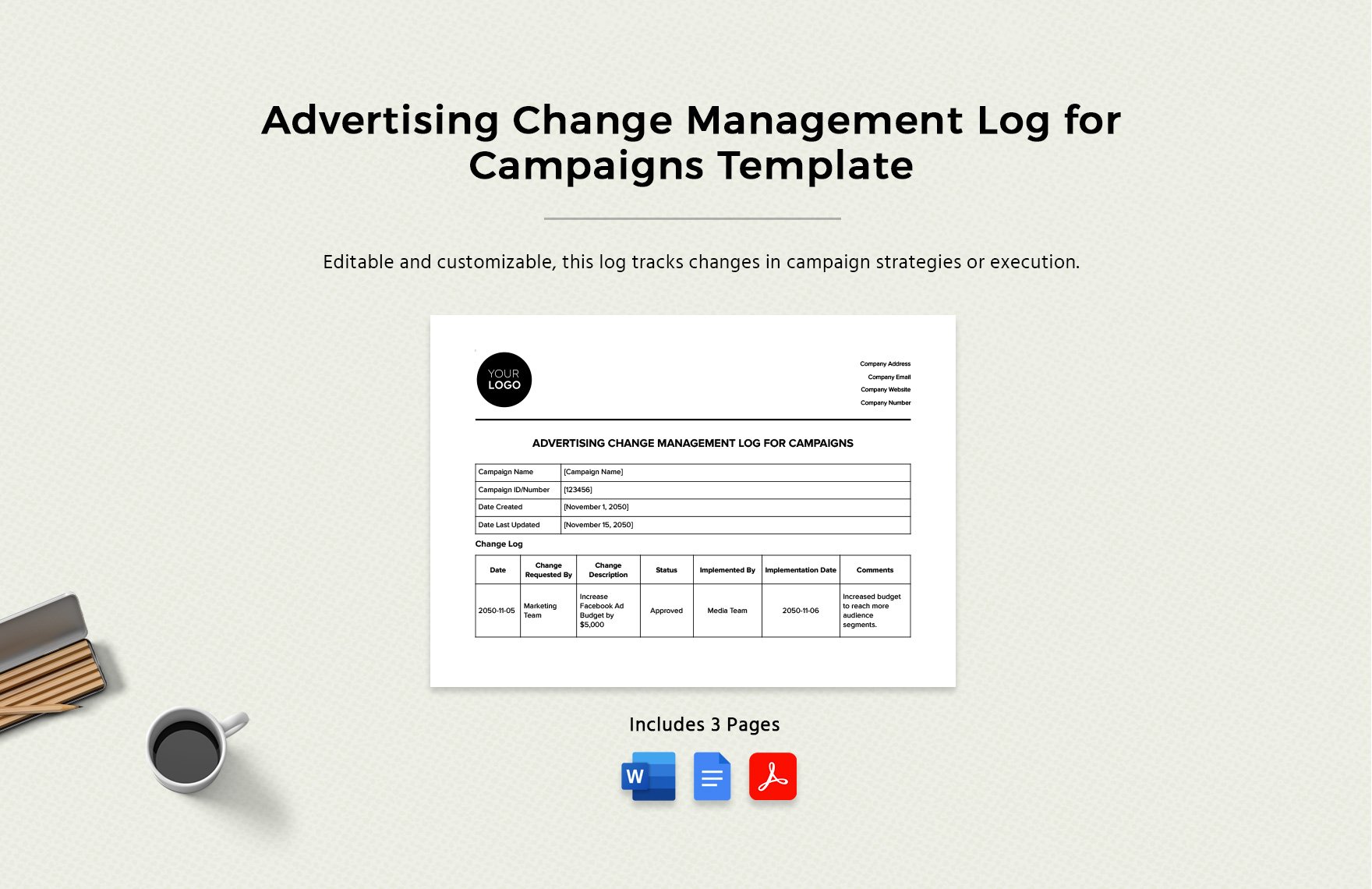 Advertising Change Management Log for Campaigns Template
