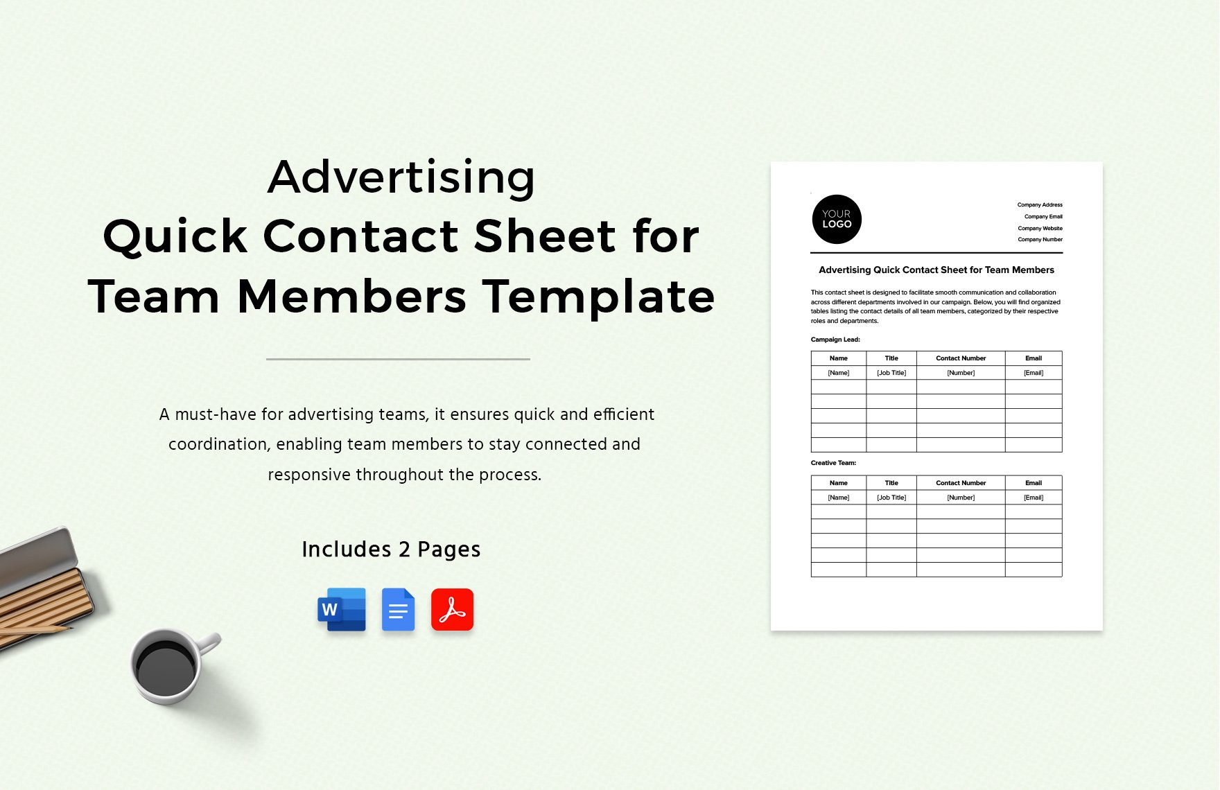 Advertising Quick Contact Sheet for Team Members Template